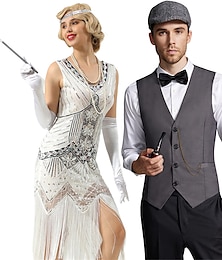 cheap -Retro Vintage Roaring 20s 1920s Flapper Dress Outfits Waistcoat Couples Costumes The Great Gatsby Gentleman Men's Women's Sequins Tassel Fringe New Year Party Prom Costume