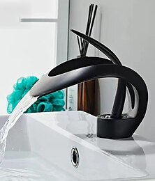 voordelige -Waterfall Bathroom Sink Faucet, Centerset Curved Single Handle One Hole Bath Taps with Hot and Cold Water Switch, Ceramic Valve Insides