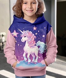 cheap -Girls' 3D Unicorn Hoodie Pullover Long Sleeve 3D Print Fall Winter Active Fashion Cute Polyester Kids 3-12 Years Outdoor Casual Daily Regular Fit