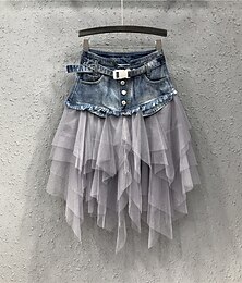 cheap -Women's Skirt A Line Asymmetrical Skirts Pleated Tulle Color Block Solid Colored Daily Wear Vacation Summer Denim Basic Long Carnival Costumes Ladies Black Light Blue