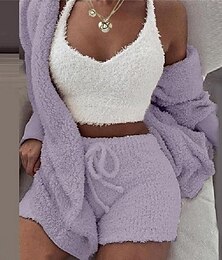 cheap -Women's Fleece Loungewear Sets 3 Pieces Fluffy Fuzzy Warm Pajama Pure Color Sport Plush Casual Home Daily Bed Cotton Blend Breathable V Wire Long Sleeve Shorts Elastic Waist Fall Winter Pink Purple