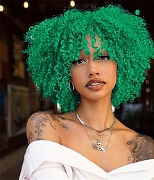 baratos -perucas afro curtas e cacheadas para mulheres peruca azul crespa e cacheada com franja bomba cabelo cacheado sintético sem cola perucas completas fibra resistente ao calor peruca de natal dia das