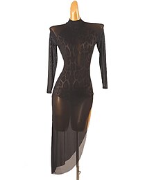 abordables -Danse salsa robe de danse latine imprimé léopard tulle entraînement femme manches longues haute spandex tulle