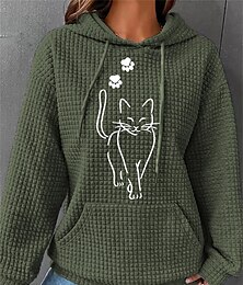 abordables -Sudadera con capucha Oversized Chic Deportiva de mujer Sudadera de manga larga Ropa deportiva activa Texturizada Gato Casual Sudadera con cordón Bolsillo frontal estampado Manga larga Negro Blanco