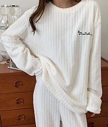 preiswerte -Damen-Pyjama-Sets aus Fleece, flauschig, flauschig, warm, Buchstaben-Plüsch, lässig, Komfort, Zuhause, Alltag, Bett, Korallen-Fleece, Korallen-Samt, warm, Rundhalsausschnitt, langärmelig, Pullover,