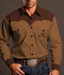 economico -Per uomo Cowboy Camicia Camicia occidentale Camicia da cowboy Manica lunga Vintage stile western Esterno Strada Casual / quotidiano Autunno inverno Collo ripiegabile Bottoni Stampa Marrone Kaki