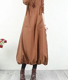 abordables -robe noire Robe casual Robe en coton et lin Femme robe longue Ruché Poche du quotidien Rendez-vous Sortie Actif Mode Col Roulé manche longue 2023 Ample Noir Vin Kaki M L XL 2XL 3XL