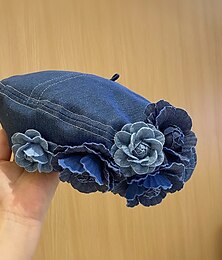 abordables -Boina con decoración de flores vintage para mujer, boinas lavadas de mezclilla azul, sombrero octogonal ligero, sombreros de pintor clásicos