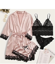 cheap -Women's Lace Satin Silk Pajamas Sets 4 Pieces Pure Color Simple Casual Soft Home Daily Bed Satin Breathable V Wire Long Sleeve Shorts Summer Spring Black Pink