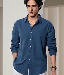economico -10% Lino Bottone giù Per uomo Camicia camicia di lino Bianco Rosa Blu marino Manica lunga Tinta unica Colletto Primavera estate Informale Giornaliero Abbigliamento