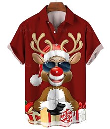 お買い得  -クリスマス メンズ クリスマス アニマルプリント シャツ ツリー グラフィック シャツ サンタクロース ヘラジカ カジュアル アウトドア ストリート 秋 ターンダウン 半袖 バーガンディ ブルー ダーク コットン
