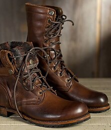 baratos -Men's Boots Combat Boots Riding Boots Cycling Shoes British Outdoor Daily Faux Leather Mid-Calf Boots Lace-up Dark Brown Fall Winter