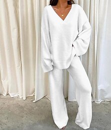 abordables -Conjuntos de salón de lana para mujer, 2 piezas, pijama cálido y esponjoso de color sólido, manga larga con cuello en v para otoño invierno blanco s 3xl