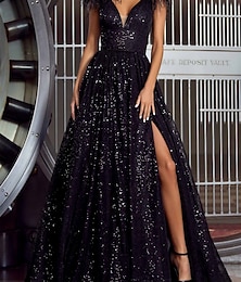 cheap -A-Line Evening Gown Elegant Dress Formal Sweep / Brush Train Short Sleeve V Neck Sequined with Feather Sequin 2024