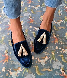 baratos -mocassins femininos de camurça sintética em azul marinho com borla dourada – sapatos luxuosos e formais para festas e ocasiões especiais