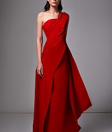 זול -שמלת ערב שמלת נדן אדומה ירוקה שמלה אלגנטית שמלה רשמית לטאטא/רכבת מברשת ללא שרוולים שיפון מתיחה כתף אחת עם קפלים מרופטים 2024