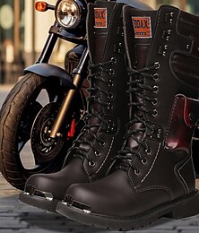 economico -stivali da motociclista in similpelle nera da uomo con puntale in metallo - stivali da motociclista robusti con lacci per la guida e le avventure all'aria aperta