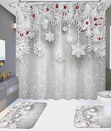 abordables -Rideaux de douche flocons de neige de Noël, tapis antidérapants, housse d'abattant de toilettes et tapis de bain, décoration de salle de bain joyeux Noël, rideau de douche imperméable, avec 12 crochets décorations de Noël