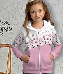 cheap -Girls' 3D Floral Hoodie Coat Outerwear Pink Long Sleeve 3D Print Fall Winter Active Fashion Cute Polyester Kids 3-12 Years Outdoor Casual Daily Regular Fit
