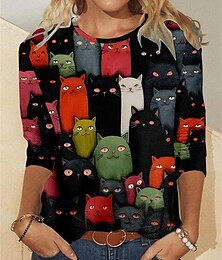 abordables -Camiseta de mujer con estampado de gato, manga larga, cuello redondo, para uso diario, para fin de semana, color negro, amarillo y naranja, para primavera&amp;  caer