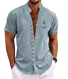 billiga -Herr Nautisk Ankare Skjorta Knapp upp skjorta Kortärmad Mode Streetwear Designer Utomhus Semester Dagligen Sommar Vår Hög krage Mönster Blå Grön Kaki Grå Ljusblå