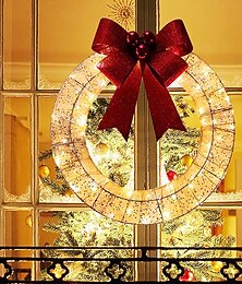 abordables -Guirlande suspendue pour porte d'entrée de noël, avec lumière LED, couronne artificielle à nœud rouge, décoration de noël
