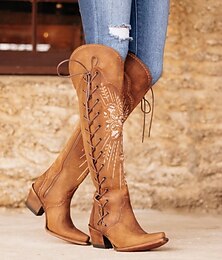 abordables -bottes de cowboy à lacets brodées marron pour femmes, style western pour tenues décontractées et événements country