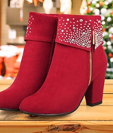 economico -stivaletti da donna in pelle scamosciata rossa con decorazioni in strass e tacchi a blocco – calzature natalizie festive per feste e festività
