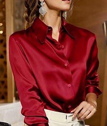 preiswerte -Damen Hemd Bluse Satin Glatt Arbeit Casual Taste Gelb Langarm Täglich Geschäftlich Reifen V Ausschnitt Frühling & Herbst