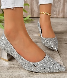 cheap -Wedding Shoes for Bride Bridesmaid Women Closed Toe Pointed Toe Silver Gold PU Pumps With Glitter Sequin  Chunky Heel Low Heel Wedding Party Valentine's Day Bling Bling Shoes Elegant Classic
