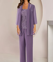 economico -Completo  tuta in 3 pezzi madre della sposa ospite di matrimonio formale elegante scollo quadrato lunghezza alla caviglia chiffon pizzo mezza manica con applicazioni