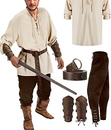 baratos -Retro Vintage Medieval Renascentista Calças Roupa Cinto Camisa protetores de braço Pirata Viking Ranger Elfo Homens Dia Das Bruxas Carnaval Espetáculo Mascarilha Camisa