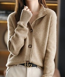 cheap -Women's Cardigan Stand Collar Ribbed Knit Polyester Button Knitted Fall Winter Regular Outdoor Daily Going out Stylish Casual Soft Long Sleeve Solid Color Navy Blue Camel Brown S M L
