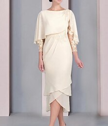 voordelige -Strandbruiloft Sheath Moeder van de Bruid Jurk Bruiloft Gast Elegante Petite Scoop Neck Thee Lengte Chiffon 3/4 Lengte Mouw met Kant Tier Appliqués 2025 gratis maat op maat