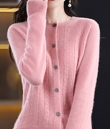 cheap -Women's Cardigan Sweater Jacket Crew Neck Cable Knit Polyester Button Knitted Fall Winter Regular Outdoor Valentine's Day Daily Streetwear Stylish Casual Long Sleeve Pure Color Pink Red Orange S M L