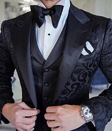 abordables -Trajes de boda para hombre esmoquin de fiesta negro floral ajuste a medida 3 piezas de una fila y un botón