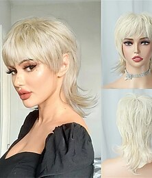 economico -parrucca bionda corta parrucca shaggy a strati anni '80 mullet parrucca pixie cut con frangia riccia sintetica naturale capelli finti parrucche sostitutive per le donne festa quotidiana costume