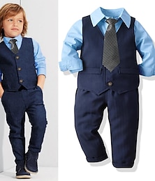 cheap -4 Pieces Kids Boys Suit & Blazer Outfit Solid Color Long Sleeve Button Set Formal Fashion Spring Fall 7-13 Years Sky Blue