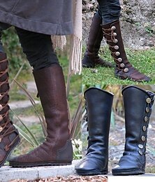 billiga -bruna medeltida långa stövlar med snörning för kvinnor - vintage stövlar i konstläder med dekorativa knappar för cosplay, renässansmässor och reenactments