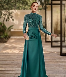 cheap -Sheath Formal Dress Evening Gown Red Green Dress Formal Sweep / Brush Train Long Sleeve Jewel Neck Satin with Pleats Ruched Sequin 2024
