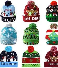 abordables -Bonnet de Noël en tricot avec lumière LED, bonnet de Noël lumineux pour chapeaux d'hiver unisexes à pompon, bonnet de fête de vacances, cadeaux de Noël multicolores