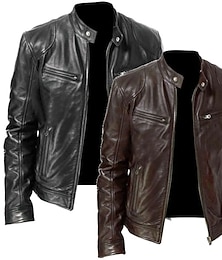 cheap -Men's Faux Leather Jacket Biker Jacket Motorcycle Jacket Daily Thermal Warm Rain Waterproof Fall & Winter Solid Colored Stand Collar Regular Regular Fit Black White Wine Navy Blue Dark Green Jacket