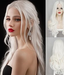 Χαμηλού Κόστους -λευκές περούκες για γυναίκες 26 ίντσες μακριά λευκή περούκα συνθετική περούκα μεσαίο μέρος φυσική όψη λευκή κυματιστή περούκα για καθημερινή χρήση περούκα αποκριάτικων cosplay χριστουγεννιάτικο πάρτι