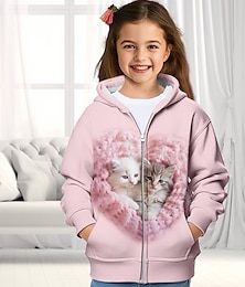 cheap -Girls' 3D Cat Hoodie Coat Outerwear Long Sleeve 3D Print Fall Winter Active Fashion Cute Polyester Kids 3-12 Years Outdoor Casual Daily Regular Fit