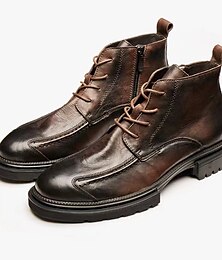 levne -pánské vintage hnědé kožené kotníkové boty se šněrovacím designem, zapínáním na zip a robustní protiskluzovou podrážkou pro outdoorové i běžné nošení