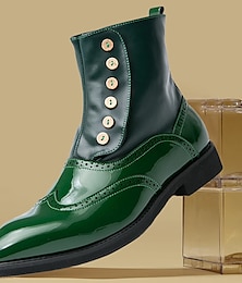 levne -pánské vintage zelené kožené boty na knoflíky - stylové kotníkové boty typu wingtip brogue s lakovanou povrchovou úpravou