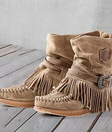 abordables -Botas estilo mocasín de ante con flecos y detalle de hebilla para mujer: botines casuales y cómodos de estilo western