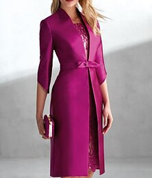 economico -Abito a due pezzi per la madre della sposa Abito da guest di nozze Elegante Petite Collo a barca Lunghezza ginocchio Raso Pizzo Maniche 3/4 con Fiocco Arricciatura Colore solido Abito da Derby Abito
