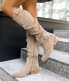 abordables -Botas hasta la rodilla de gamuza holgadas para mujer con hebilla, tacón plano informal para el día a día y la moda de otoño