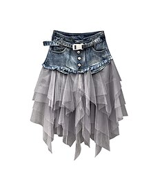 abordables -Femmes Jupe Trapèze Basique Longue Costumes de Carnaval Dames Asymétrique Jupes Bloc de Couleur Couleur Unie Plissé Tulle Vacances Tenue quotidienne Noir Bleu clair Été Denim